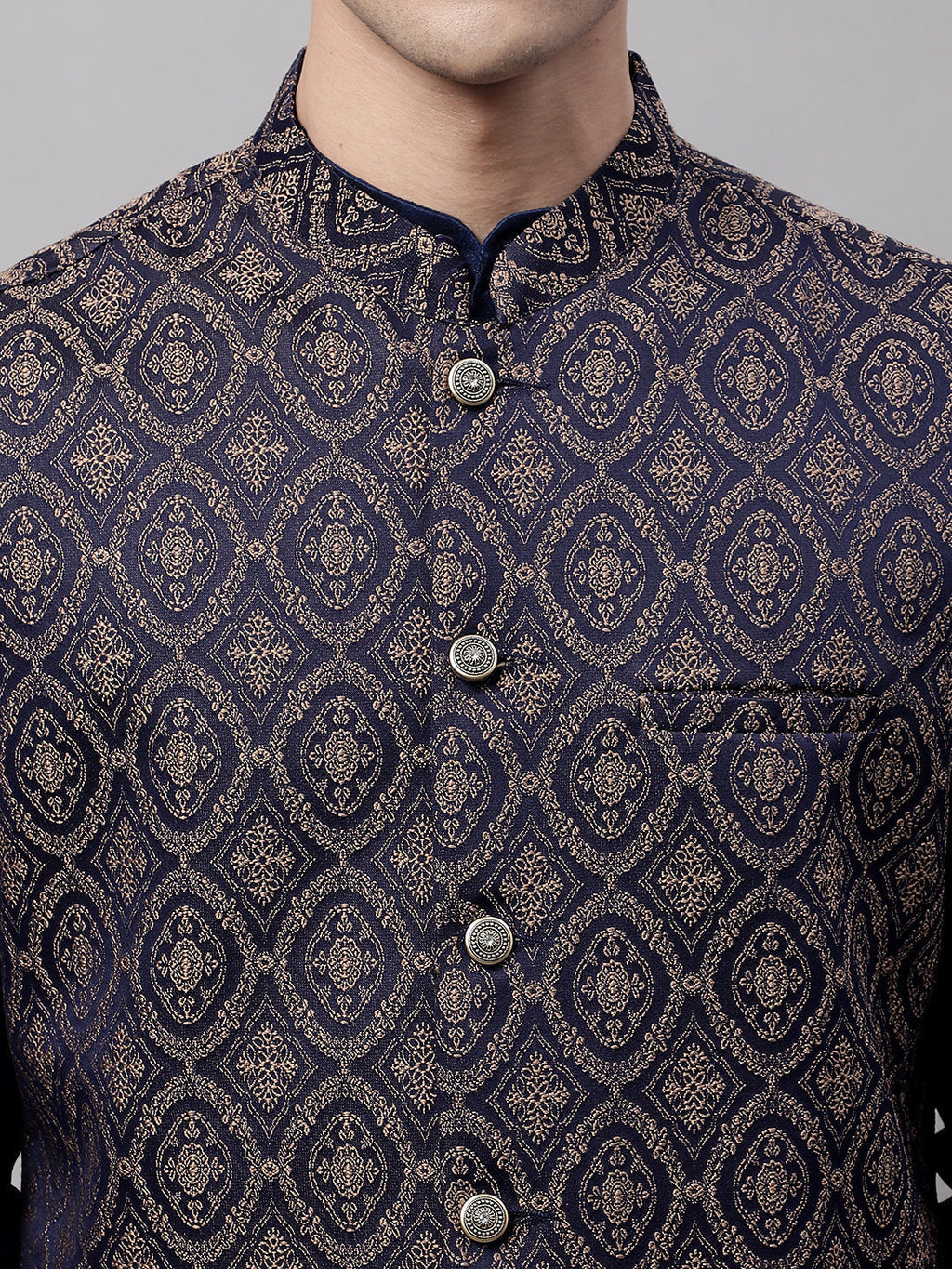 Jompers Men's Navy Blue Solid Kurta Pyjama with Brown Woven Design Nehru Jacket
