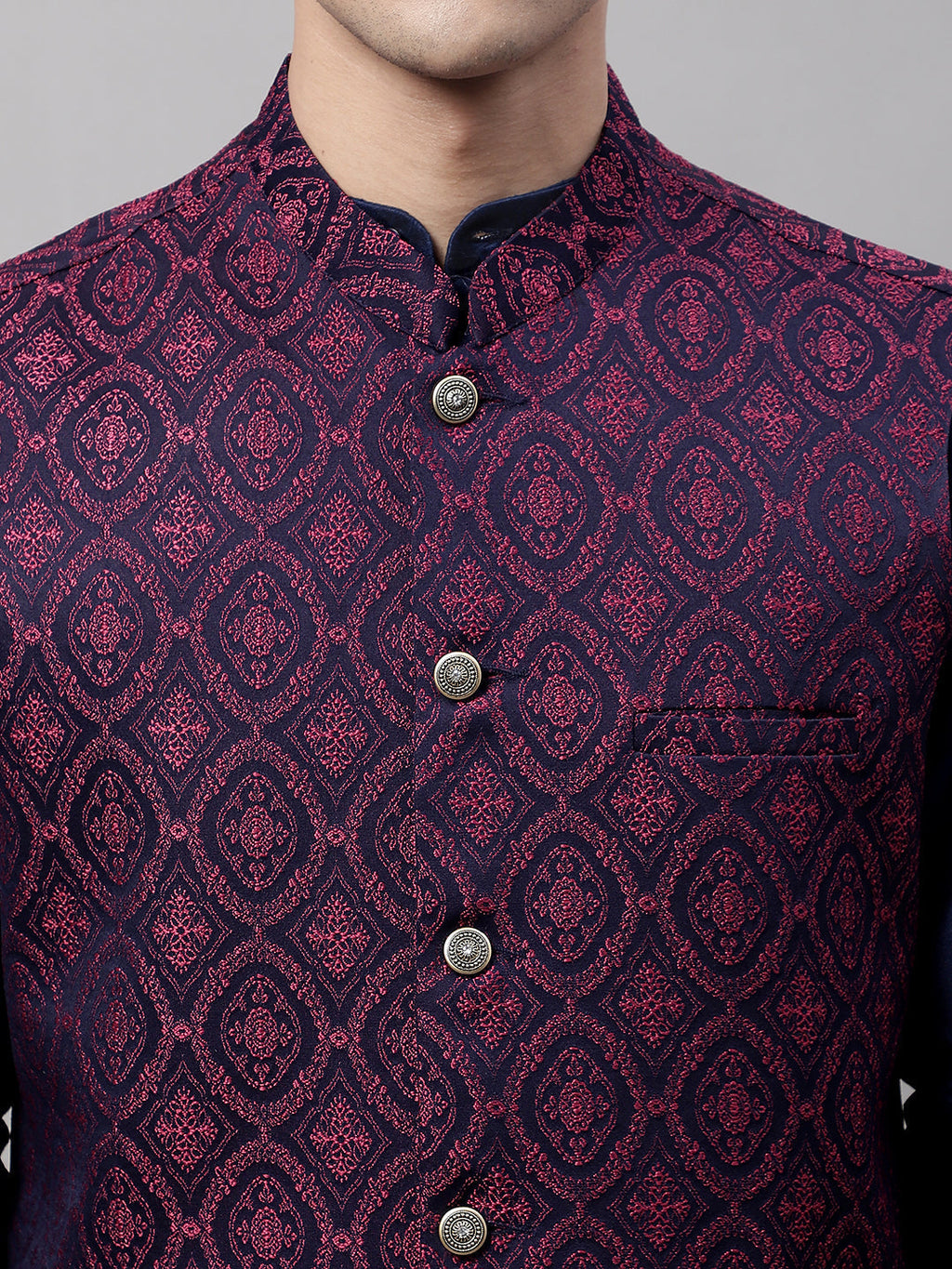 Jompers Men's Navy Blue Solid Kurta Pyjama with Maroon Woven Design Nehru Jacket