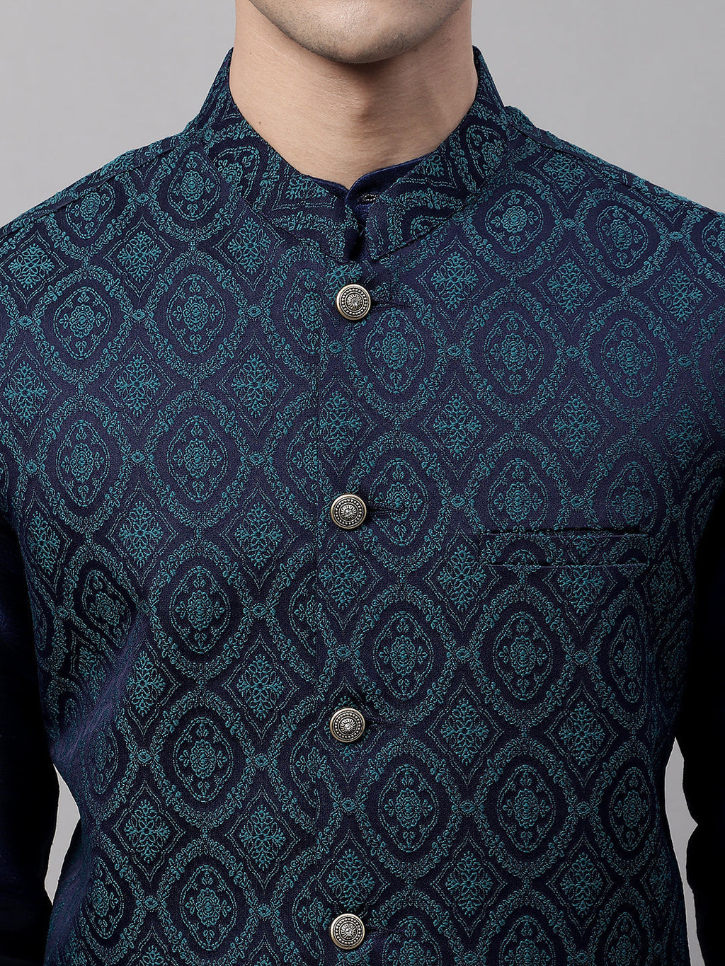 Jompers Men's Navy Blue Solid Kurta Pyjama with Green Woven Design Nehru Jacket