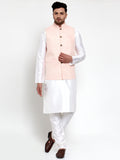 Jompers Men's Solid Dupion Kurta Pajama with Embroiderd Nehru Pink Jacket