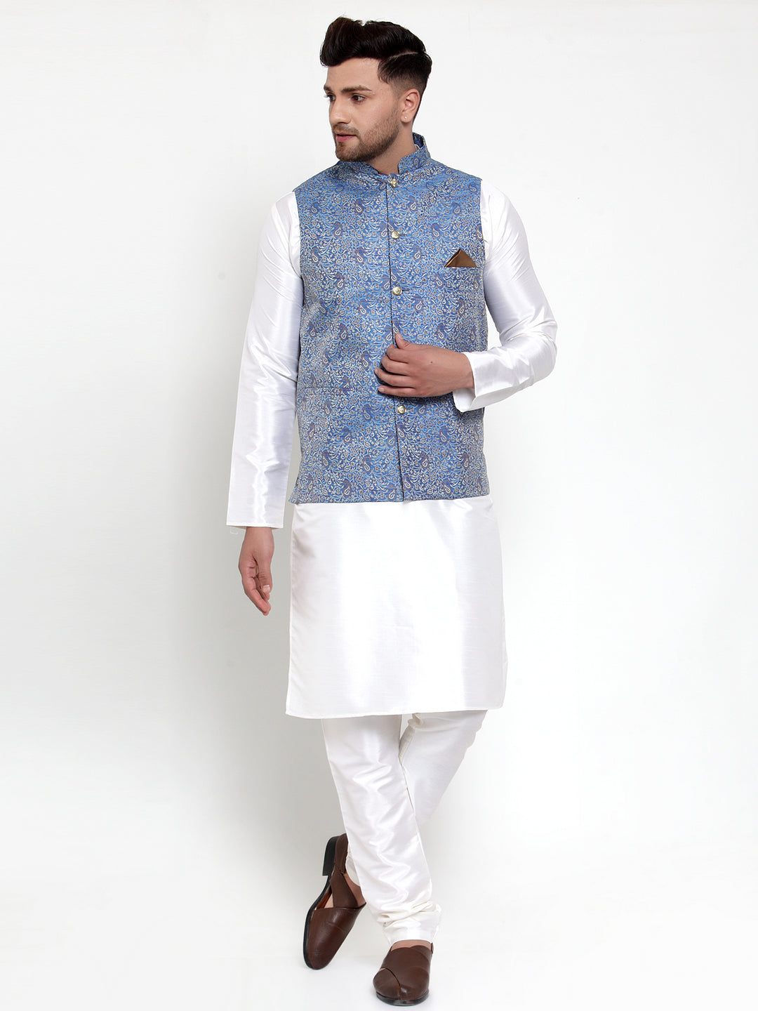 Jompers Men's Solid Dupion Kurta Pajama with Woven Jacqaurd Nehru Jacket (Blue)
