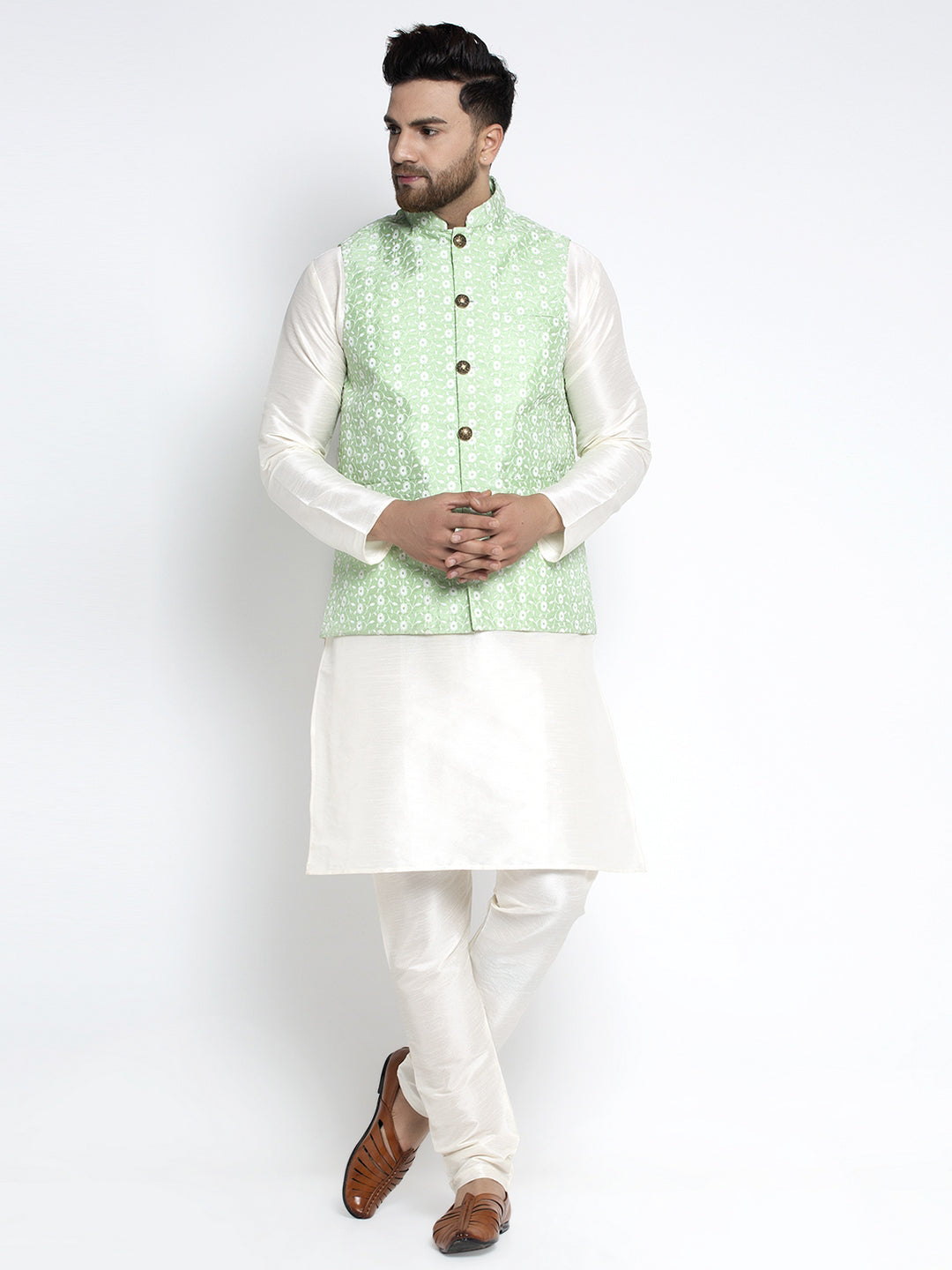 Jompers Men's Solid White Dupion Kurta Payjama with Embroidered Waistcoat (Green)