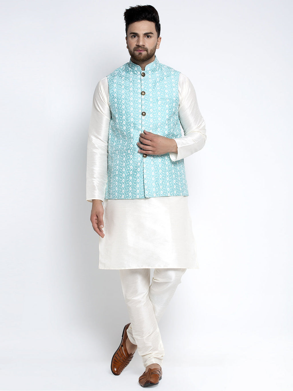 Jompers Men's Solid White Dupion Kurta Payjama with Embroidered Waistcoat (Sky)