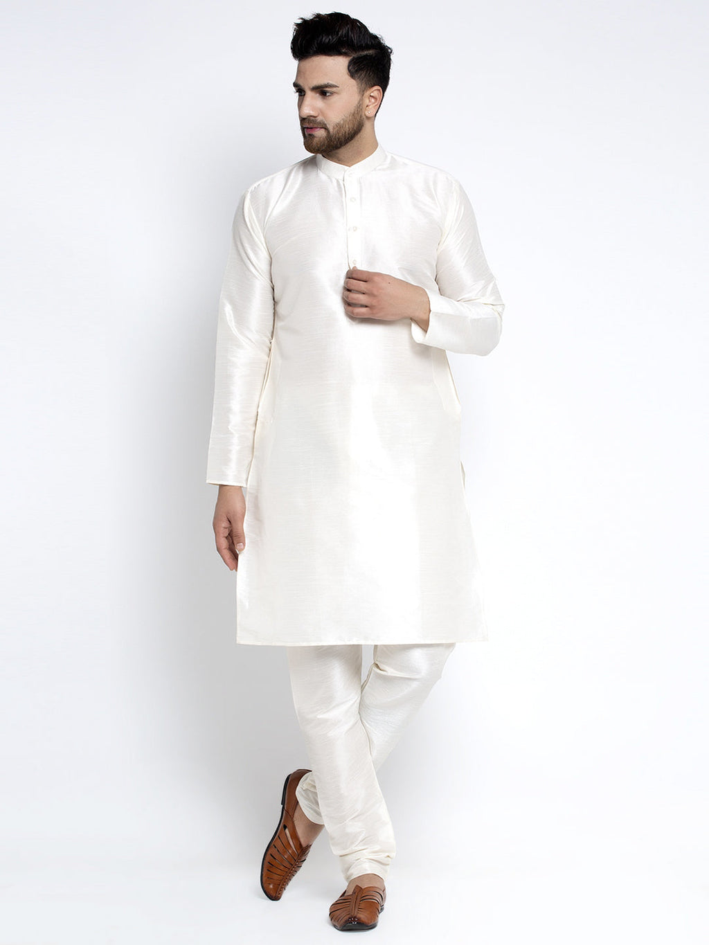 Jompers Men's Solid White Dupion Kurta Payjama with Embroidered Waistcoat (Sky)
