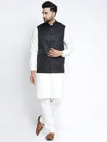 Jompers Men's Solid White Cotton Kurta Payjama with Solid Black Waistcoat