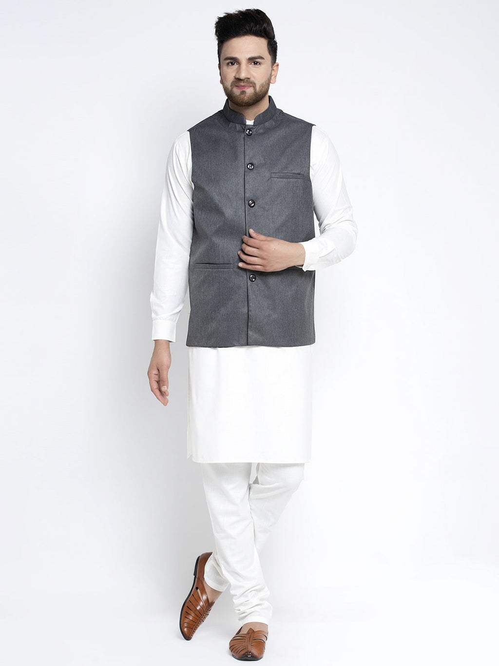 Jompers Men's Solid White Cotton Kurta Payjama with Solid Charcoal Waistcoat