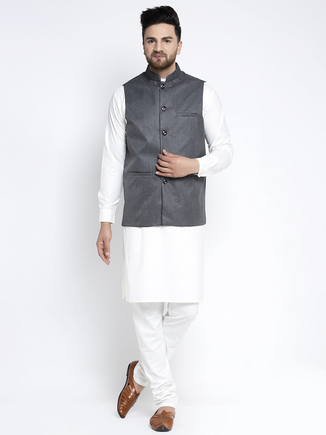 Jompers Men's Solid White Cotton Kurta Payjama with Solid Charcoal Waistcoat