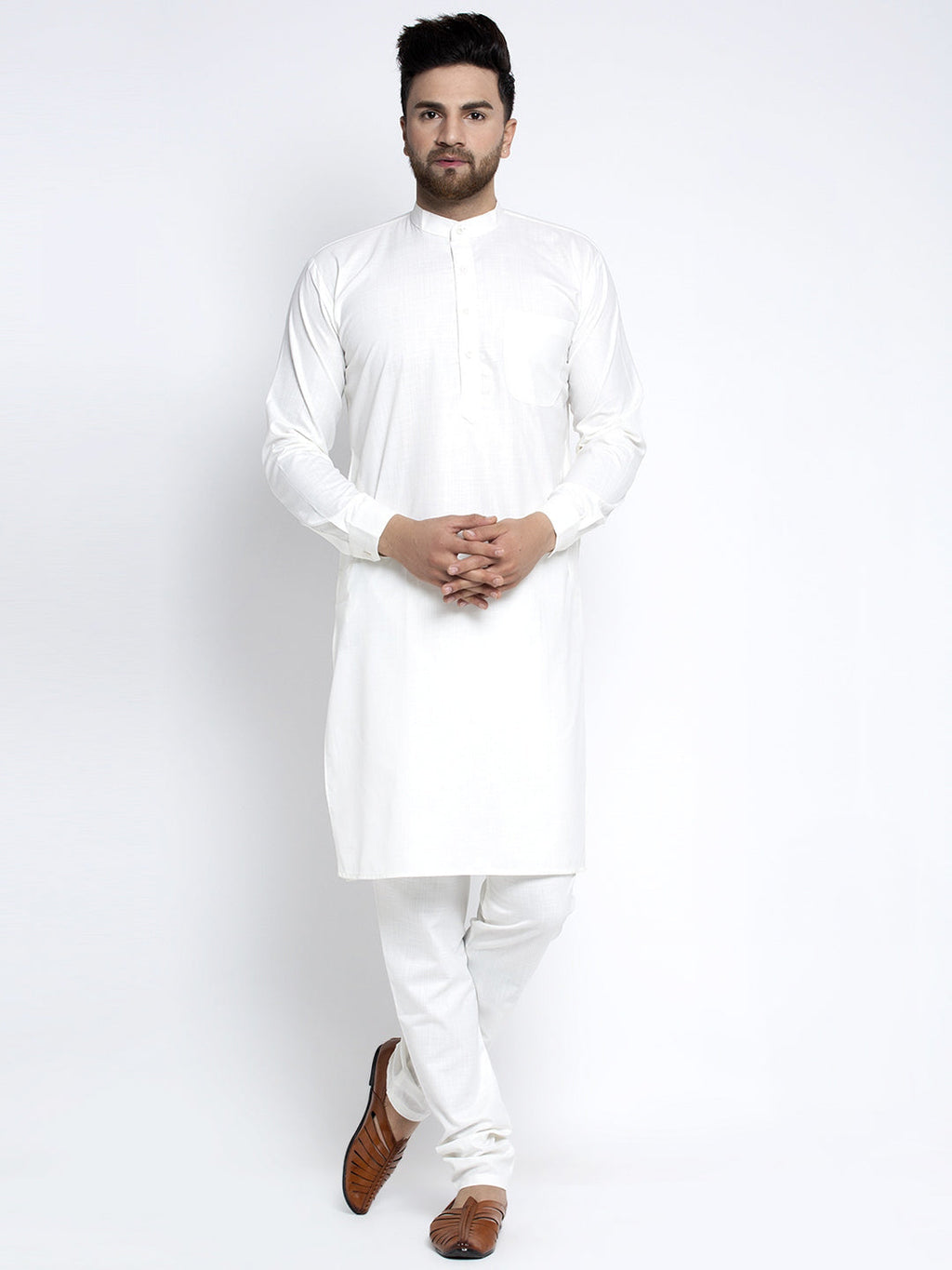 Jompers Men's Solid White Cotton Kurta Payjama with Solid Charcoal Waistcoat