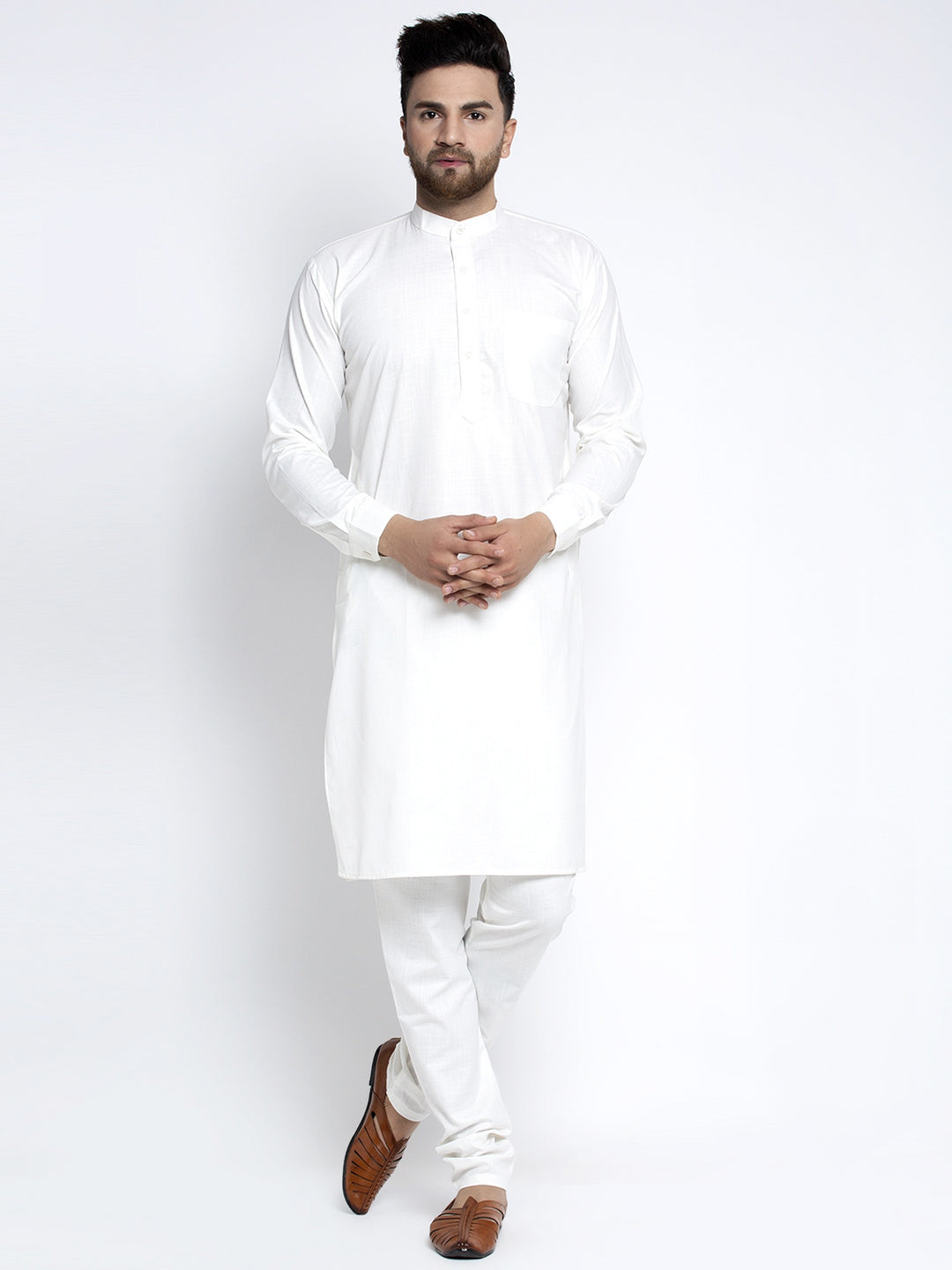Jompers Men's Solid White Cotton Kurta Payjama with Solid Charcoal Waistcoat