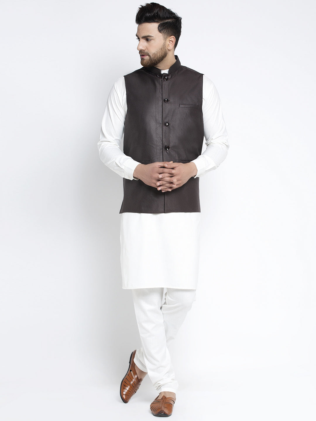 Jompers Men's Solid White Cotton Kurta Payjama with Solid Coffee Waistcoat(Coffee)