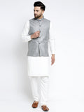 Jompers Men's Solid White Cotton Kurta Payjama with Solid Grey Waistcoat (Grey)