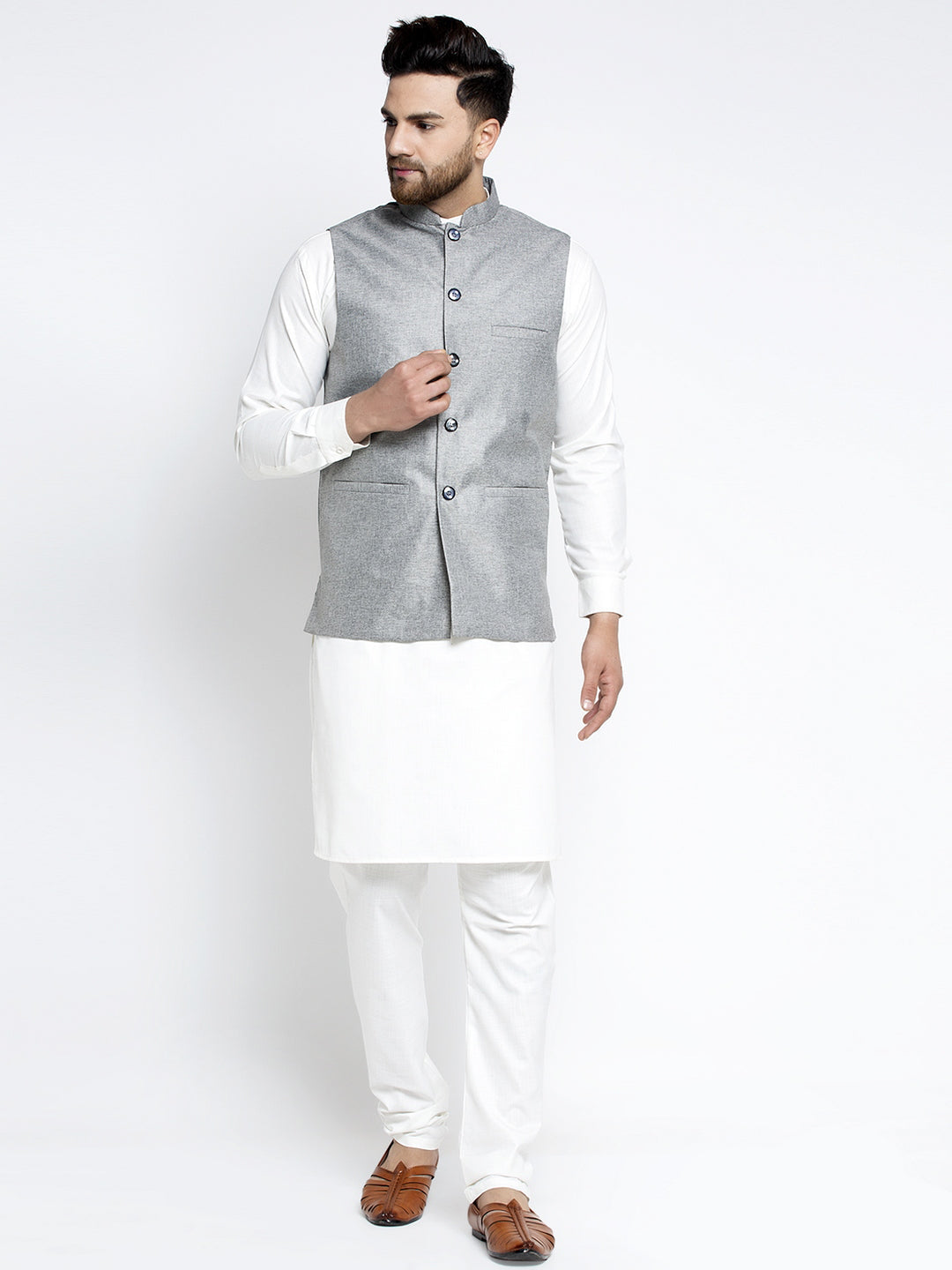 Jompers Men's Solid White Cotton Kurta Payjama with Solid Grey Waistcoat (Grey)