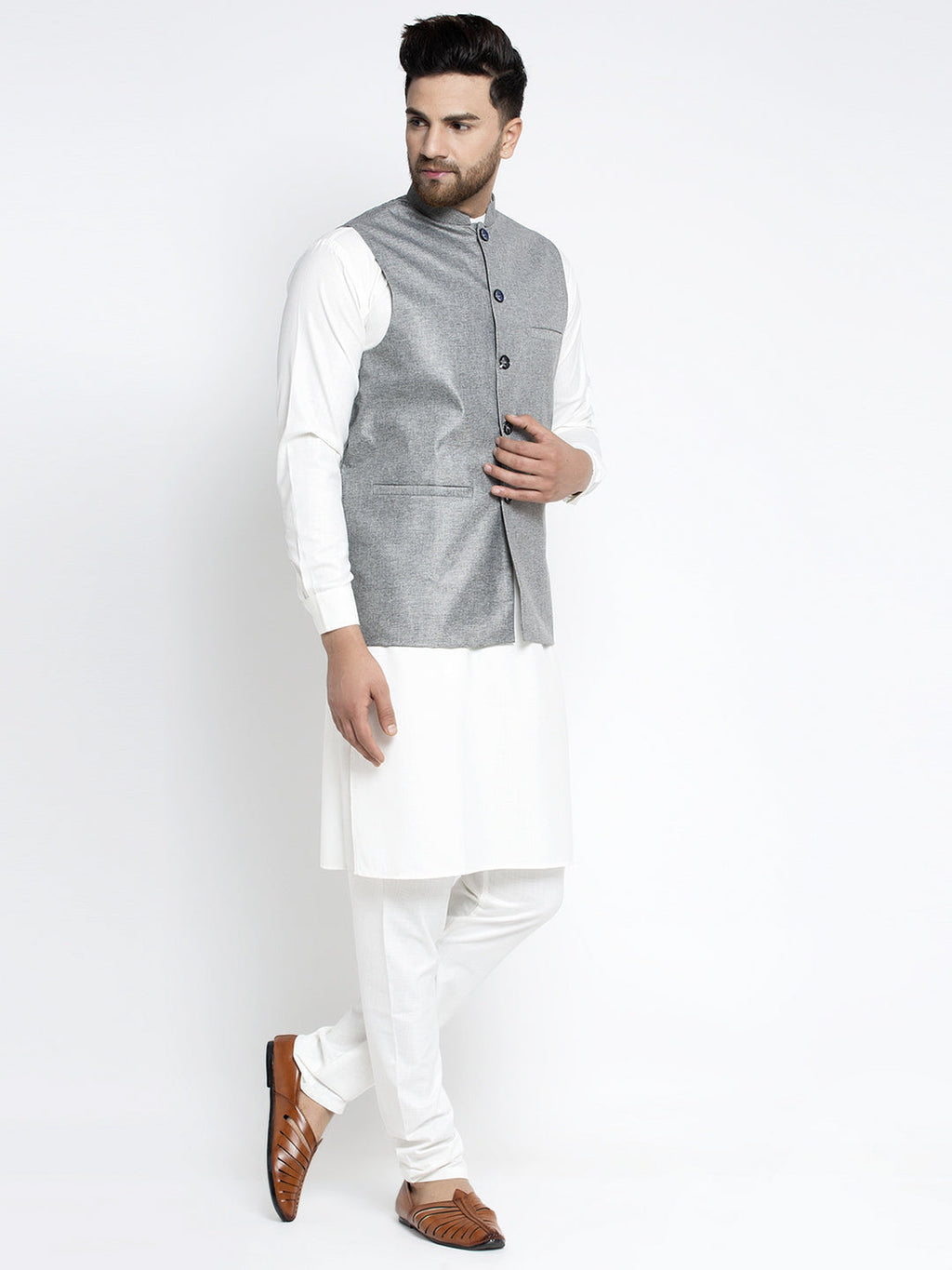 Jompers Men's Solid White Cotton Kurta Payjama with Solid Grey Waistcoat (Grey)