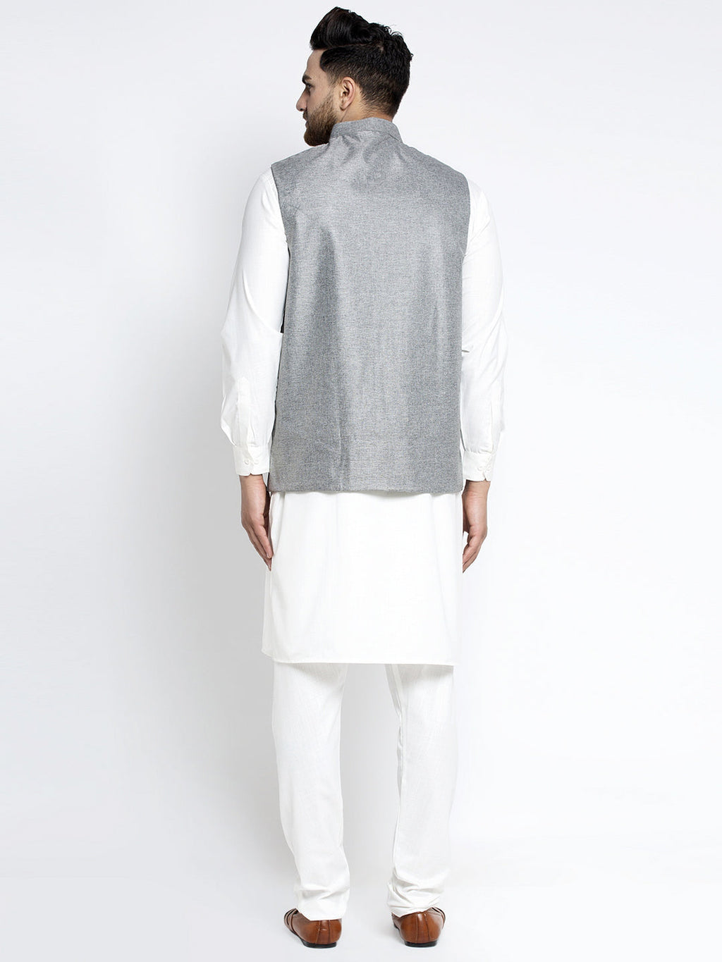 Jompers Men's Solid White Cotton Kurta Payjama with Solid Grey Waistcoat (Grey)