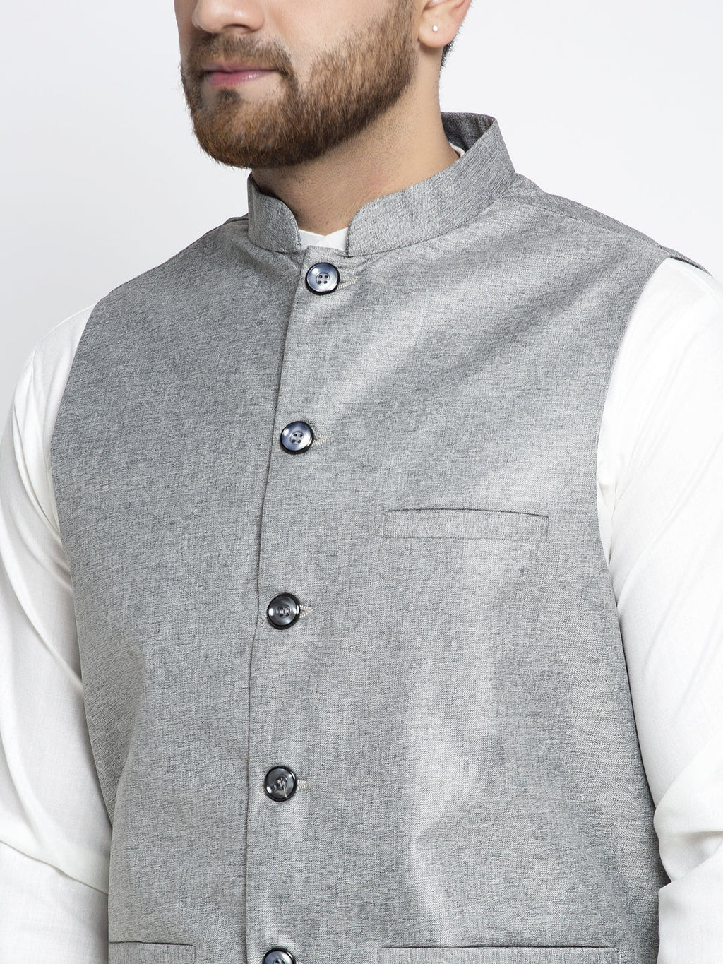 Jompers Men's Solid White Cotton Kurta Payjama with Solid Grey Waistcoat (Grey)