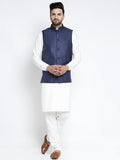 Jompers Men's Solid White Cotton Kurta Payjama with Solid Navy Waistcoat(Navy)