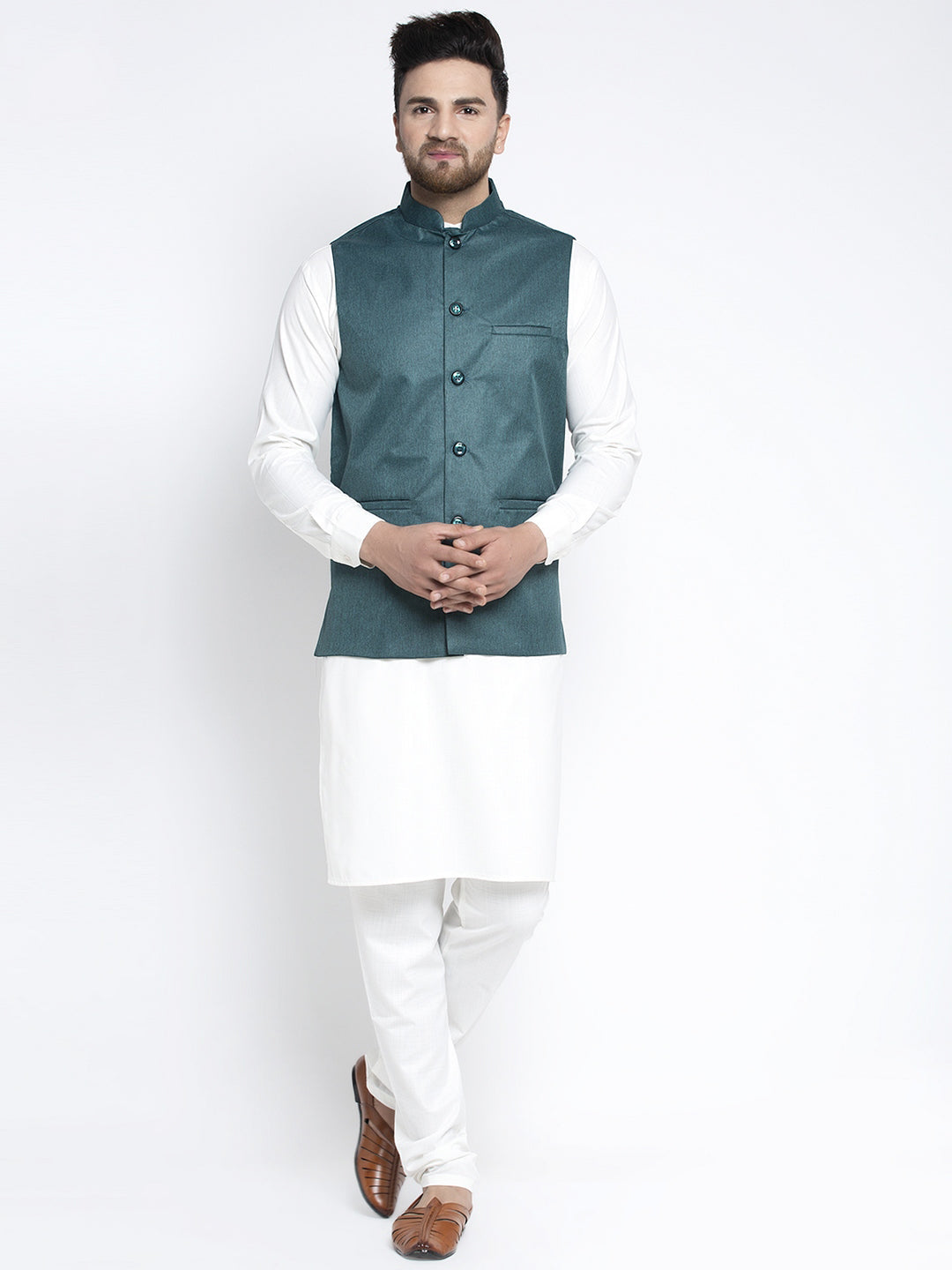 Jompers Men's Solid White Cotton Kurta Payjama with Solid Teal Waistcoat (Teal )