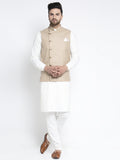 Jompers Men's Solid White Cotton Kurta Payjama with Geometric Waistcoat(Beige)