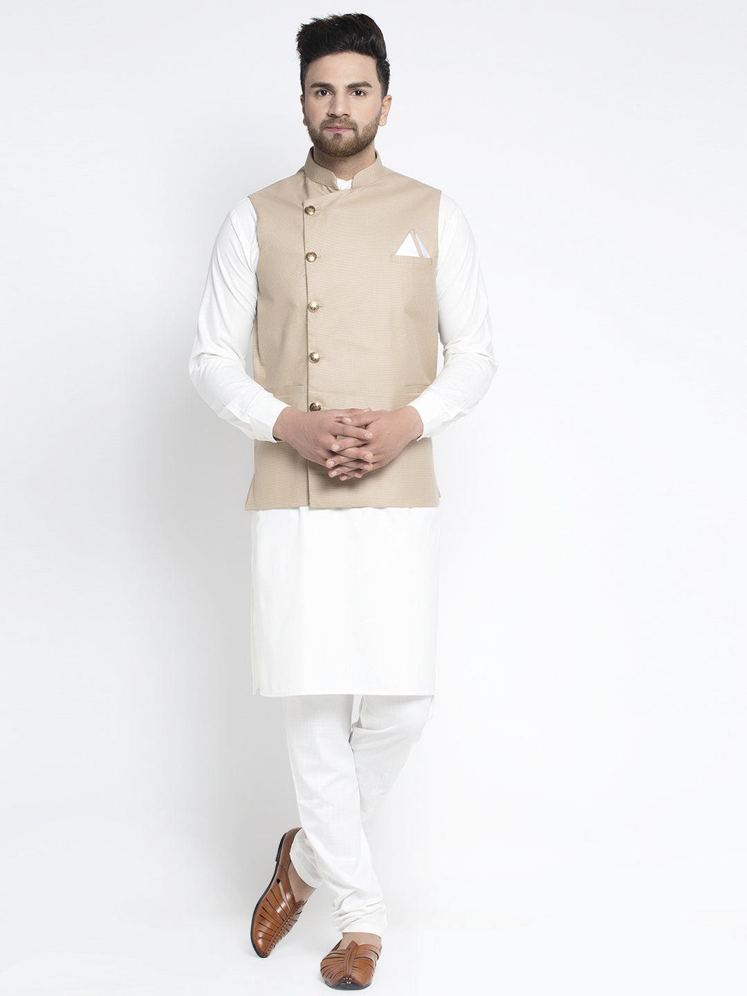 Jompers Men's Solid White Cotton Kurta Payjama with Geometric Waistcoat(Beige)