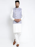 Jompers Men's Solid White Cotton Kurta Payjama with Geometric Waistcoat(Blue)