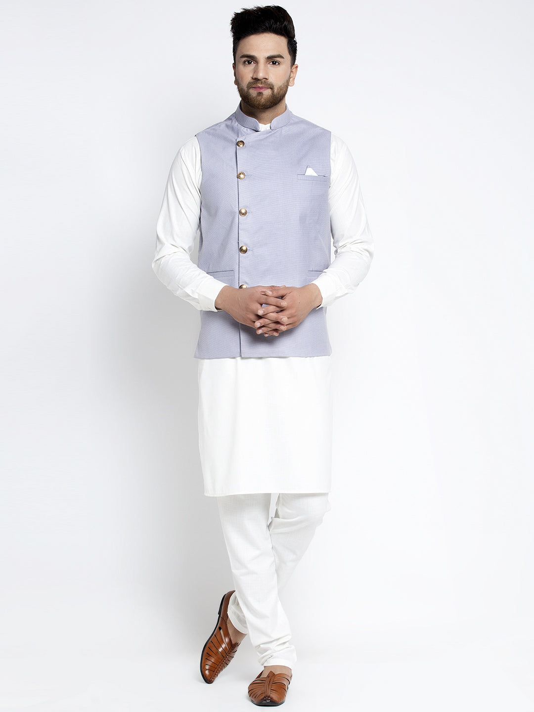 Jompers Men's Solid White Cotton Kurta Payjama with Geometric Waistcoat(Blue)