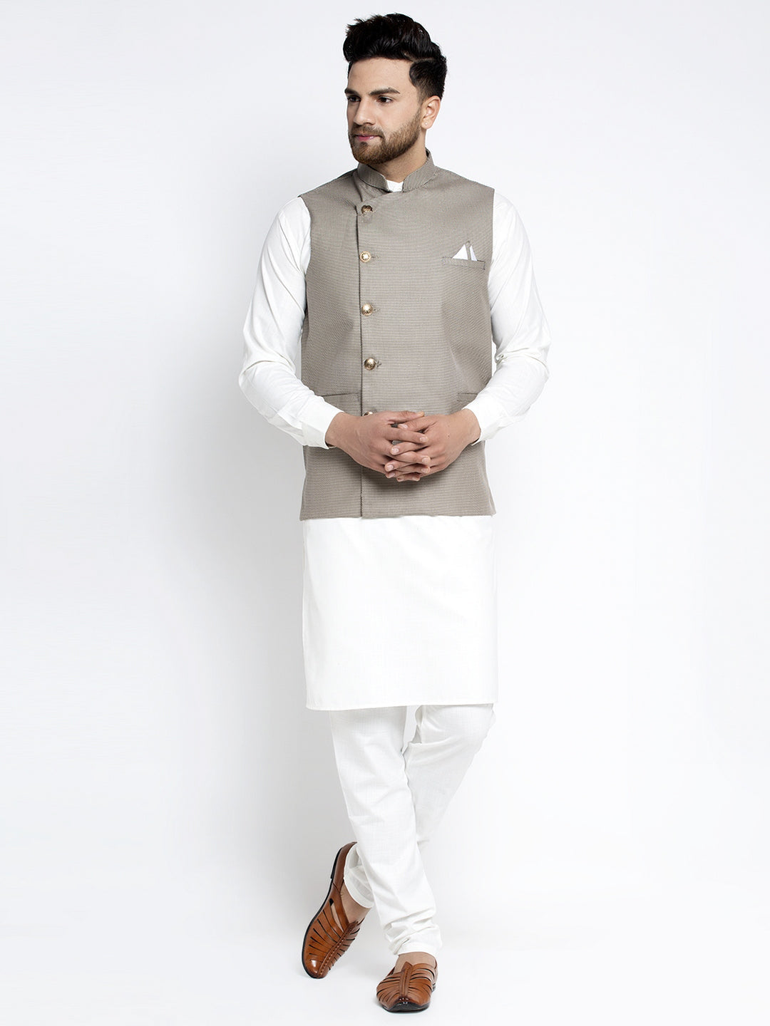 Jompers Men's Solid White Cotton Kurta Payjama with Geometric Waistcoat(Grey)