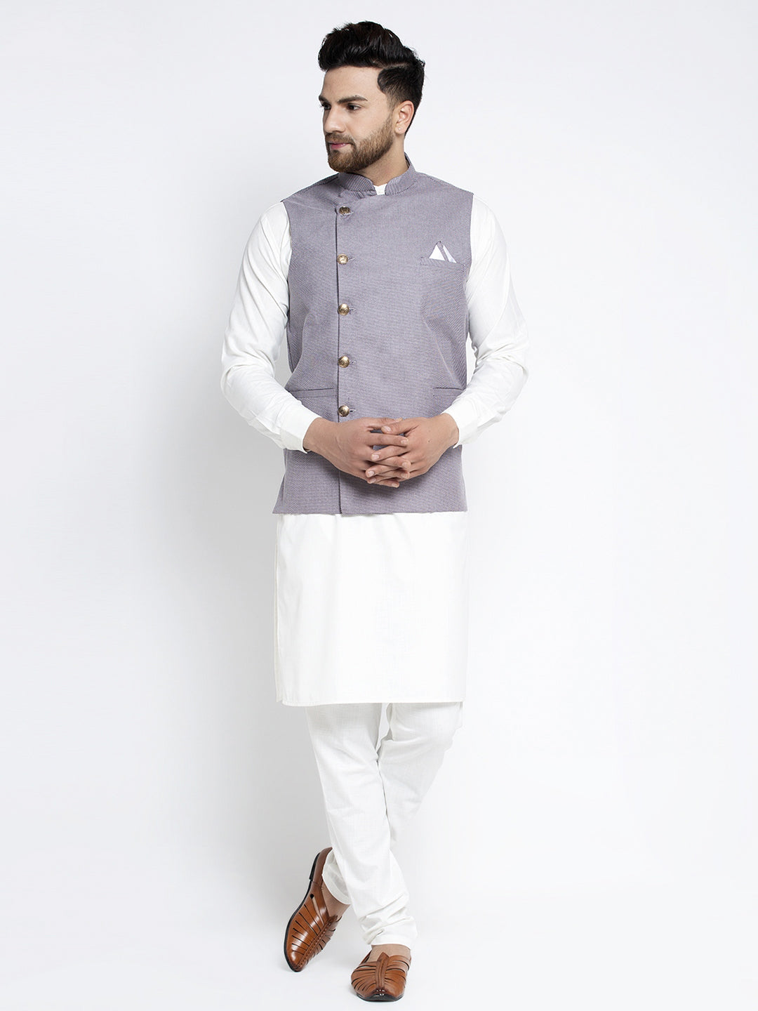 Jompers Men's Solid White Cotton Kurta Payjama with Geometric Waistcoat(Purple)