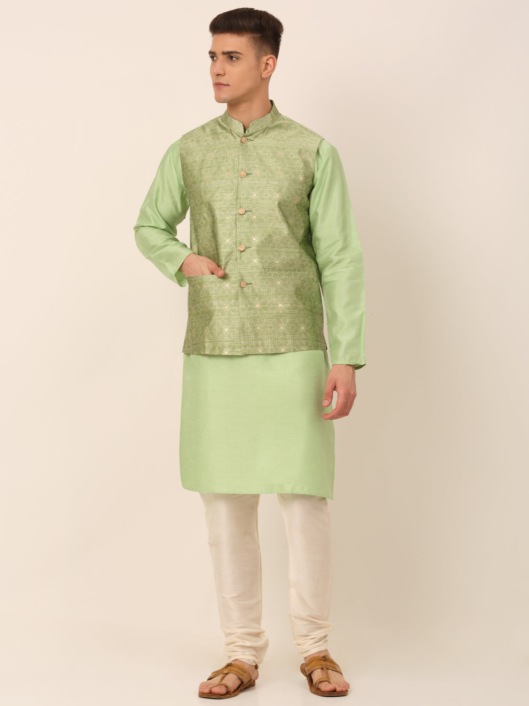 Jompers Men's Woven Design Nehru Jacket and Kurta Pyjama Set - Pista