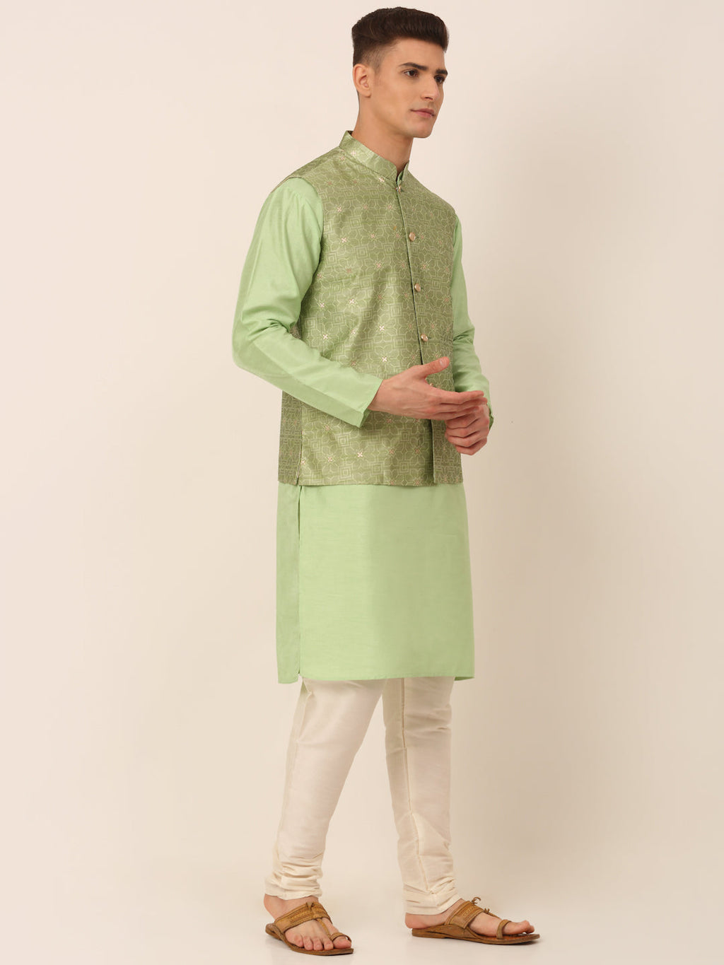 Jompers Men's Woven Design Nehru Jacket and Kurta Pyjama Set - Pista