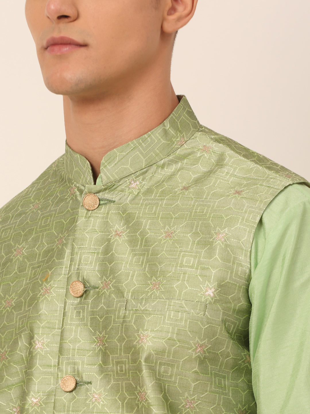 Jompers Men's Woven Design Nehru Jacket and Kurta Pyjama Set - Pista