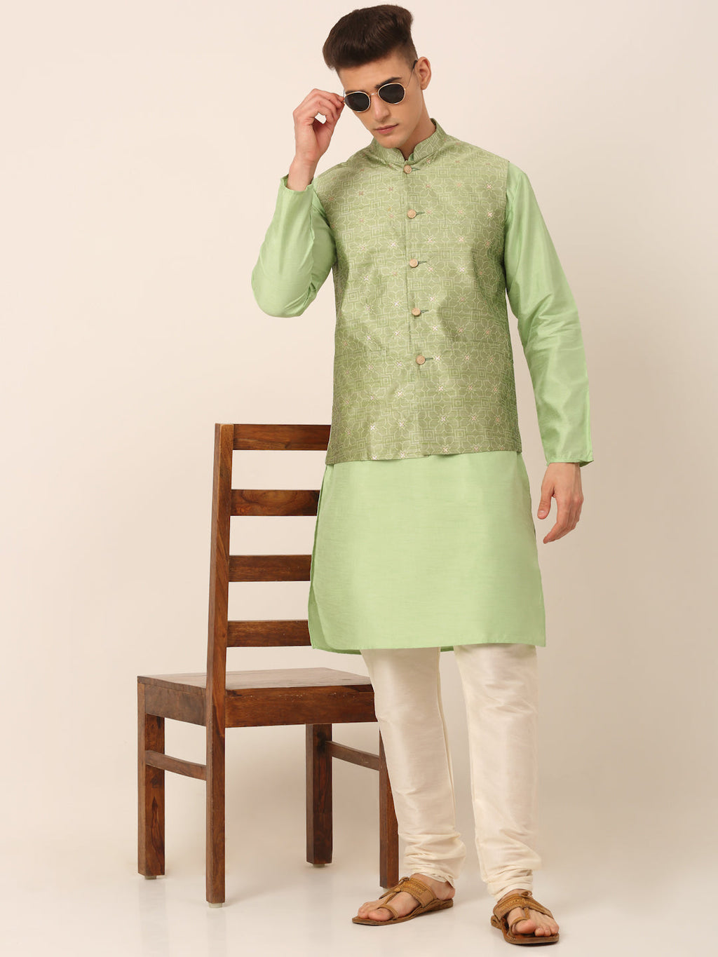Jompers Men's Woven Design Nehru Jacket and Kurta Pyjama Set - Pista