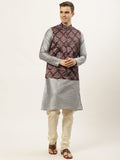 Jompers Men's Printed Nehru Jacket and Kurta Pyjama Set - Maroon