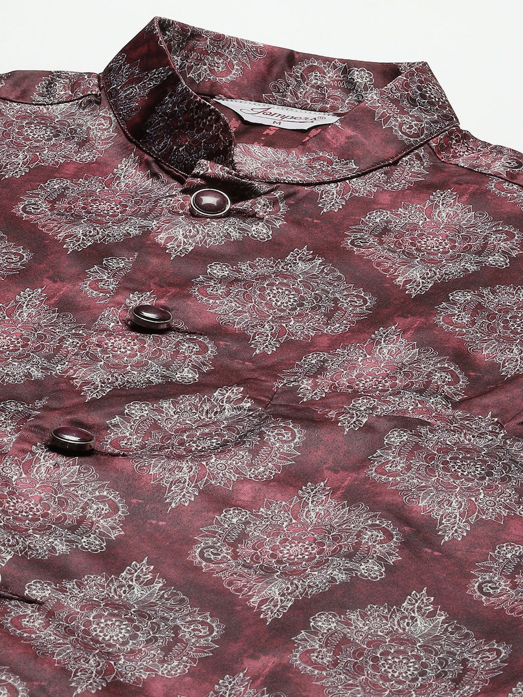 Jompers Men's Printed Nehru Jacket and Kurta Pyjama Set - Maroon
