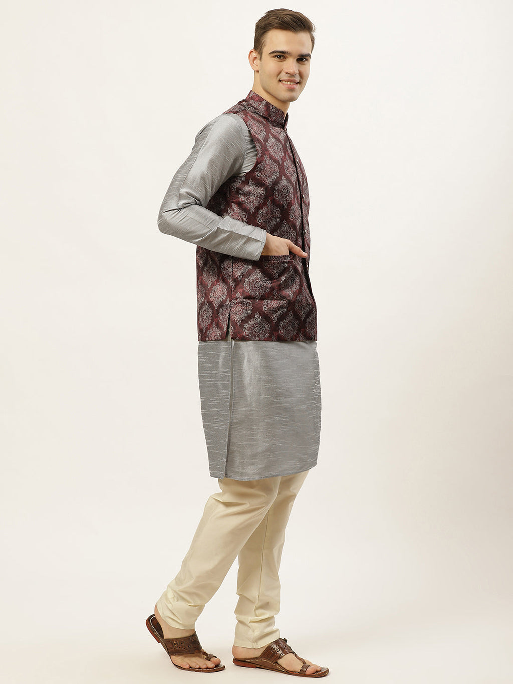 Jompers Men's Printed Nehru Jacket and Kurta Pyjama Set - Maroon