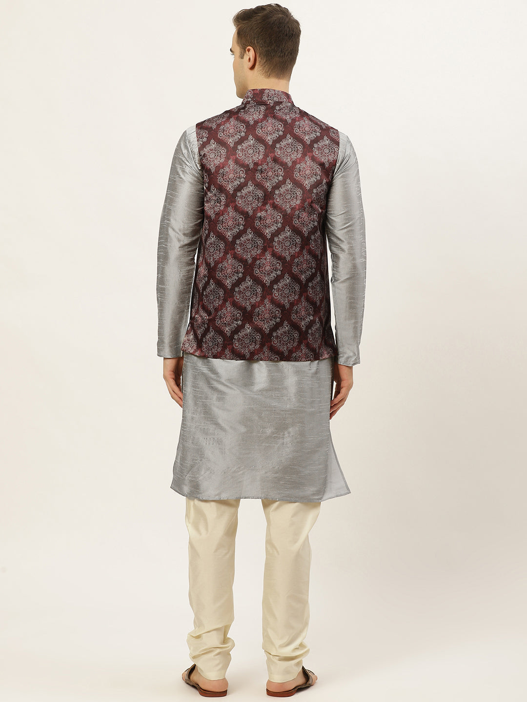 Jompers Men's Printed Nehru Jacket and Kurta Pyjama Set - Maroon