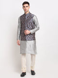 Jompers Men's Silver Dupion Silk Kurta with Churidar &Nehru Jacket(Grey)