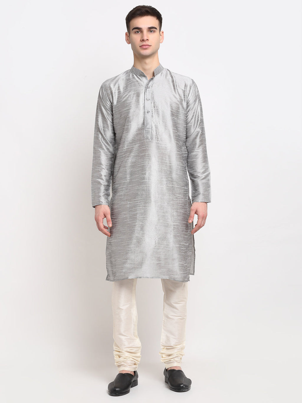 Jompers Men's Silver Dupion Silk Kurta with Churidar &Nehru Jacket(Grey)
