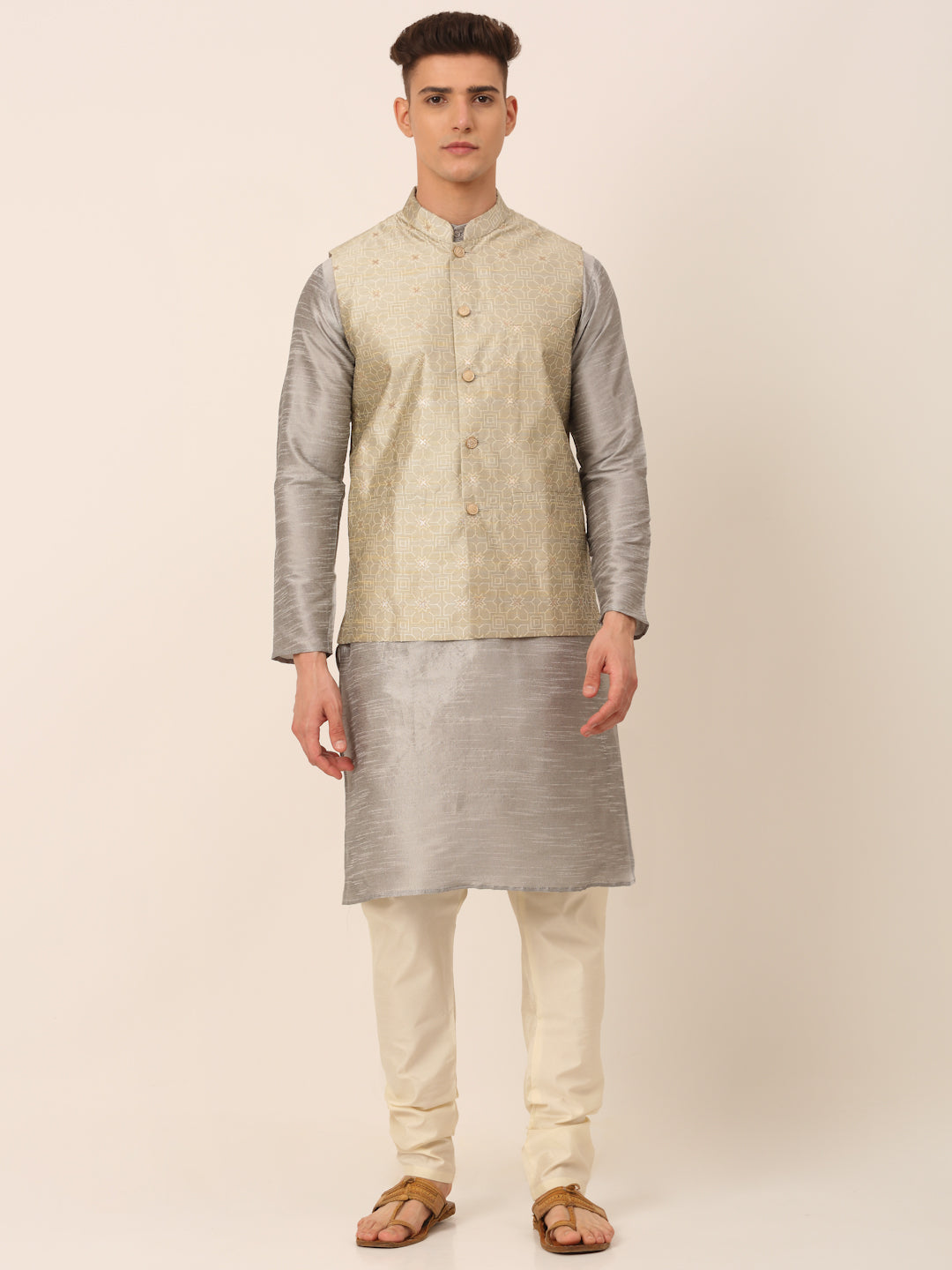 Jompers Men's Woven Design Nehru Jacket and Kurta Pyjama Set - Beige