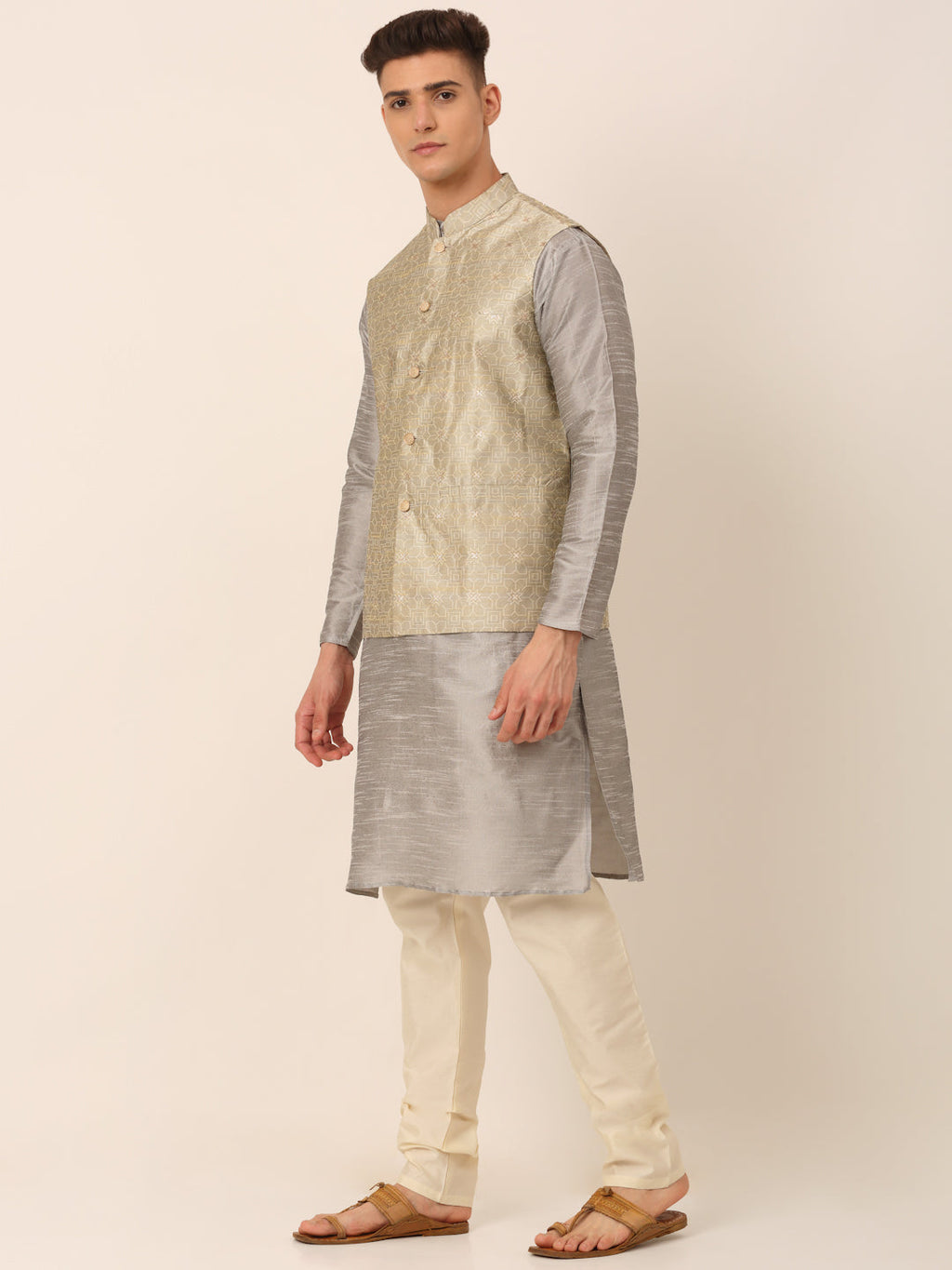 Jompers Men's Woven Design Nehru Jacket and Kurta Pyjama Set - Beige