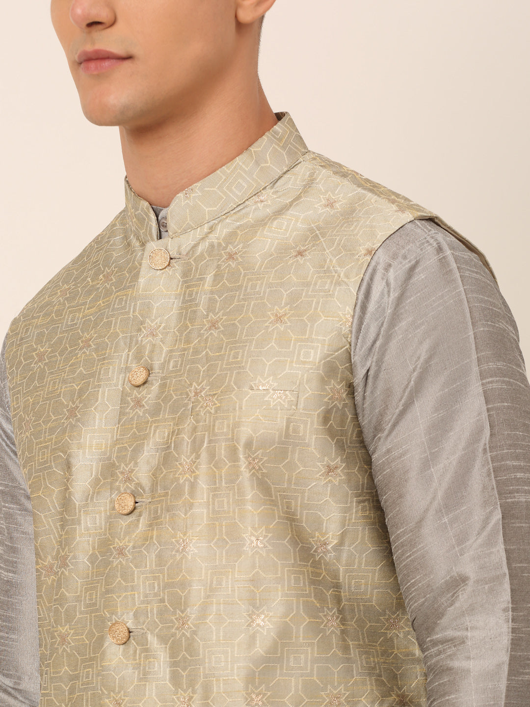 Jompers Men's Woven Design Nehru Jacket and Kurta Pyjama Set - Beige