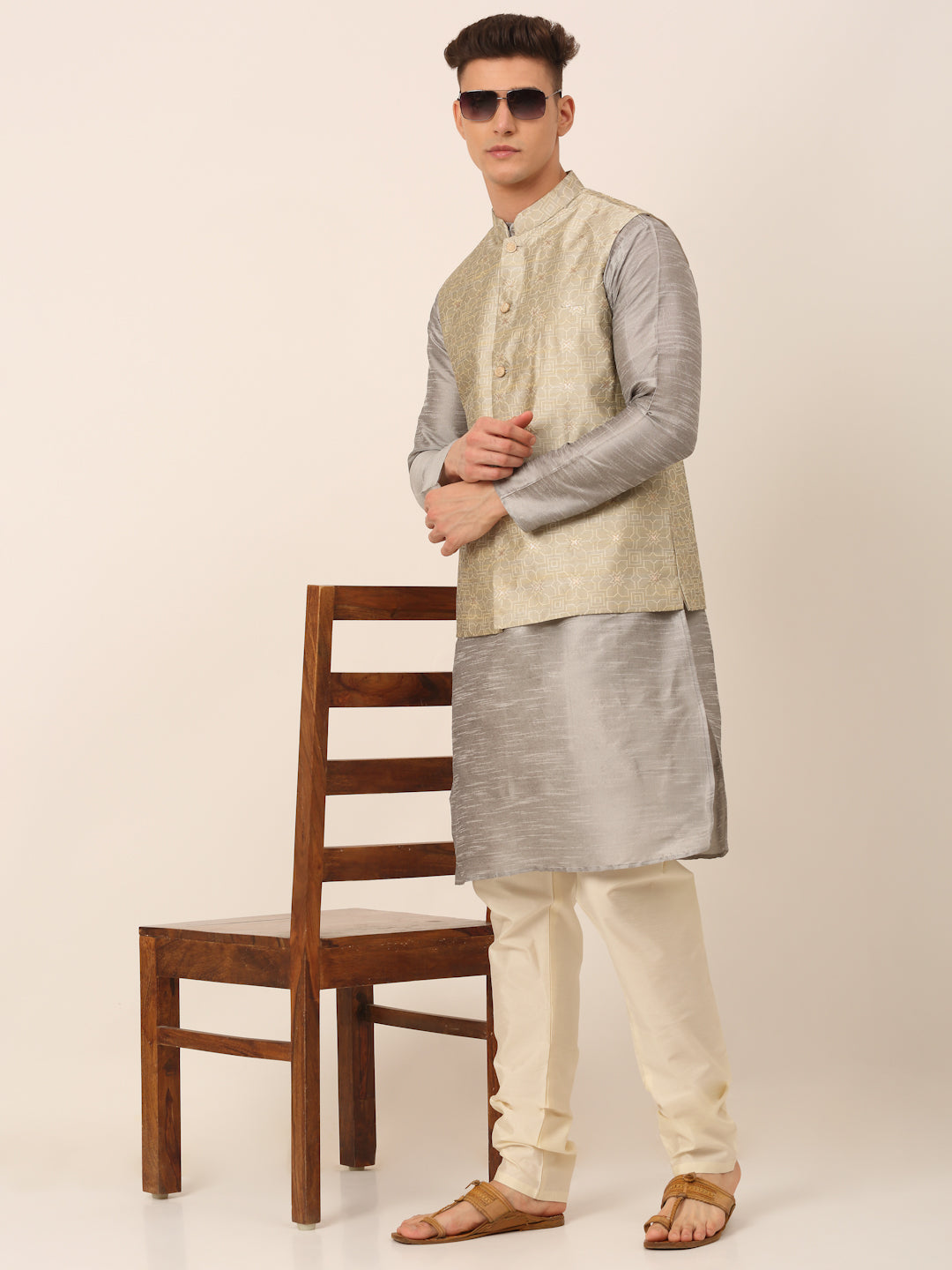 Jompers Men's Woven Design Nehru Jacket and Kurta Pyjama Set - Beige