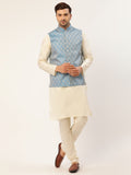 Jompers Men's Woven Design Nehru Jacket and Kurta Pyjama Set - Sky Blue