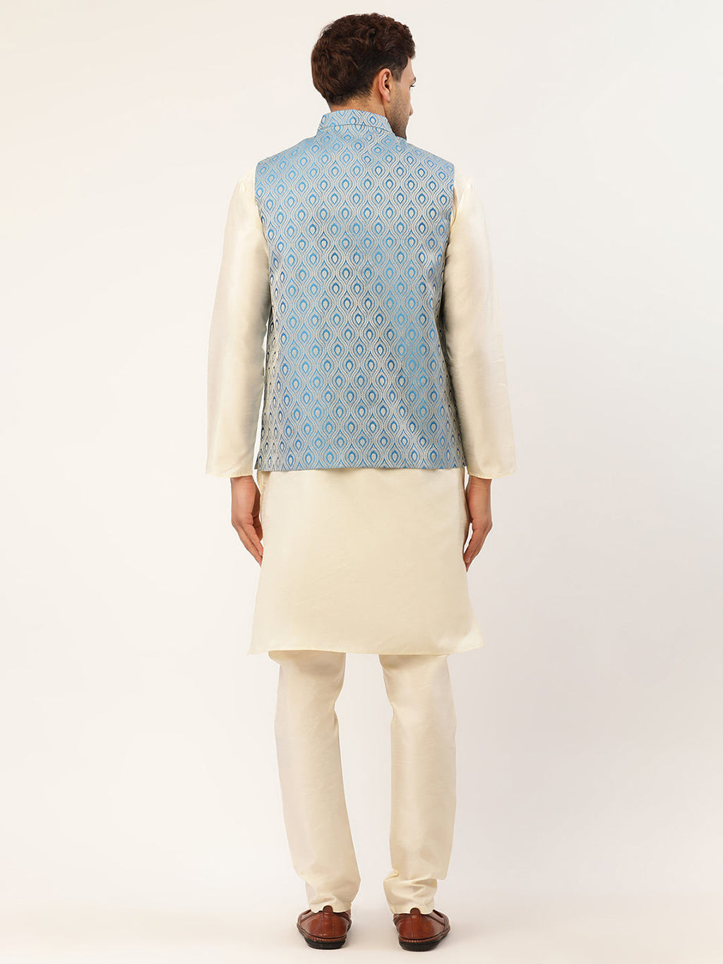 Jompers Men's Woven Design Nehru Jacket and Kurta Pyjama Set - Sky Blue