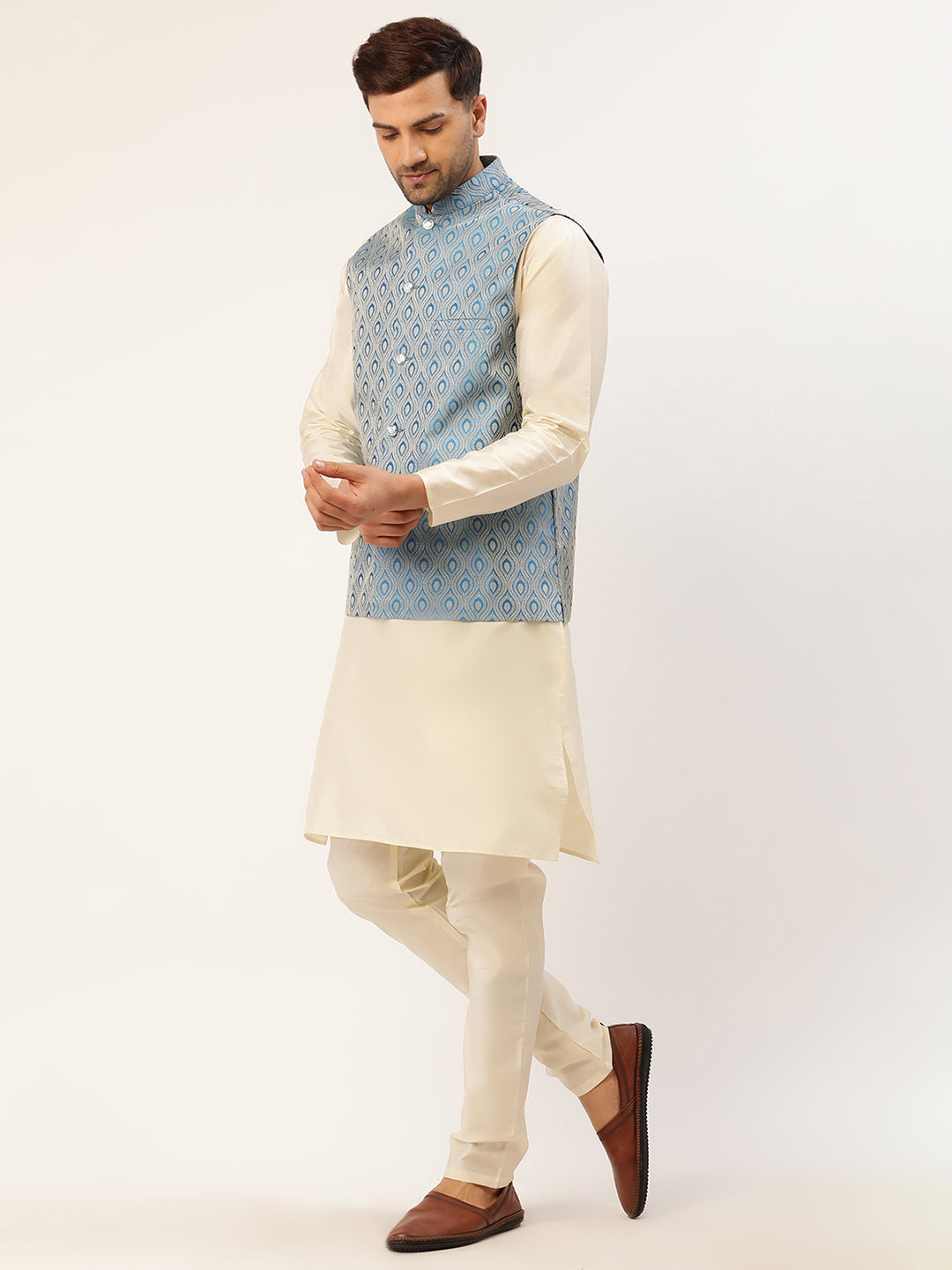 Jompers Men's Woven Design Nehru Jacket and Kurta Pyjama Set - Sky Blue