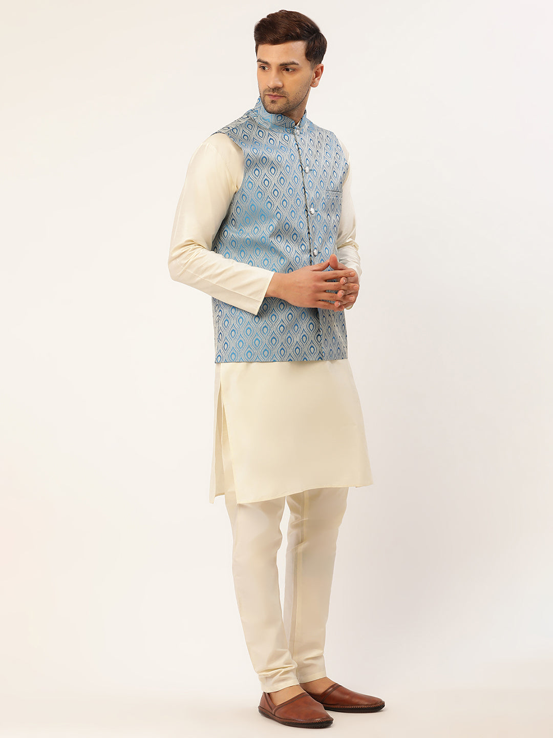 Jompers Men's Woven Design Nehru Jacket and Kurta Pyjama Set - Sky Blue