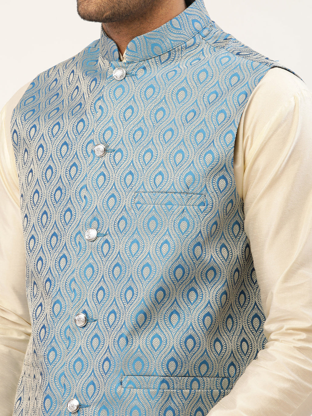 Jompers Men's Woven Design Nehru Jacket and Kurta Pyjama Set - Sky Blue