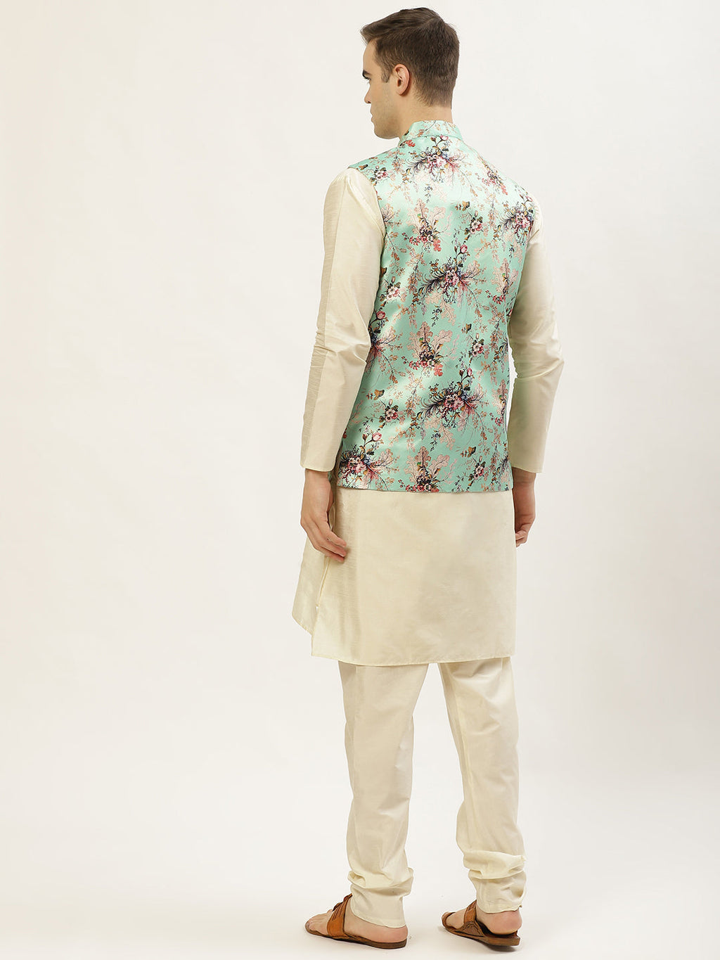 Jompers Men's Floral Printed Nehru Jacket and Kurta Pyjama Set - Lime