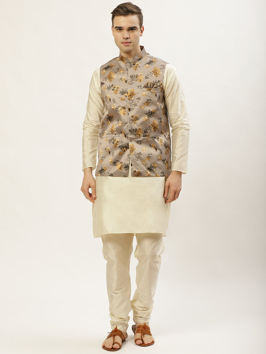 Jompers Men's Floral Printed Nehru Jacket and Kurta Pyjama Set - Grey