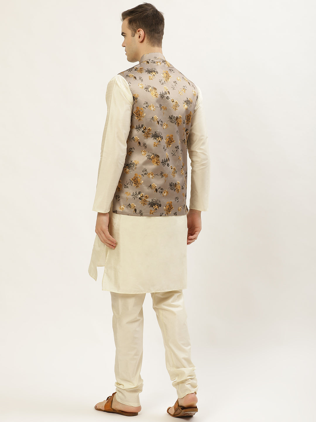 Jompers Men's Floral Printed Nehru Jacket and Kurta Pyjama Set - Grey