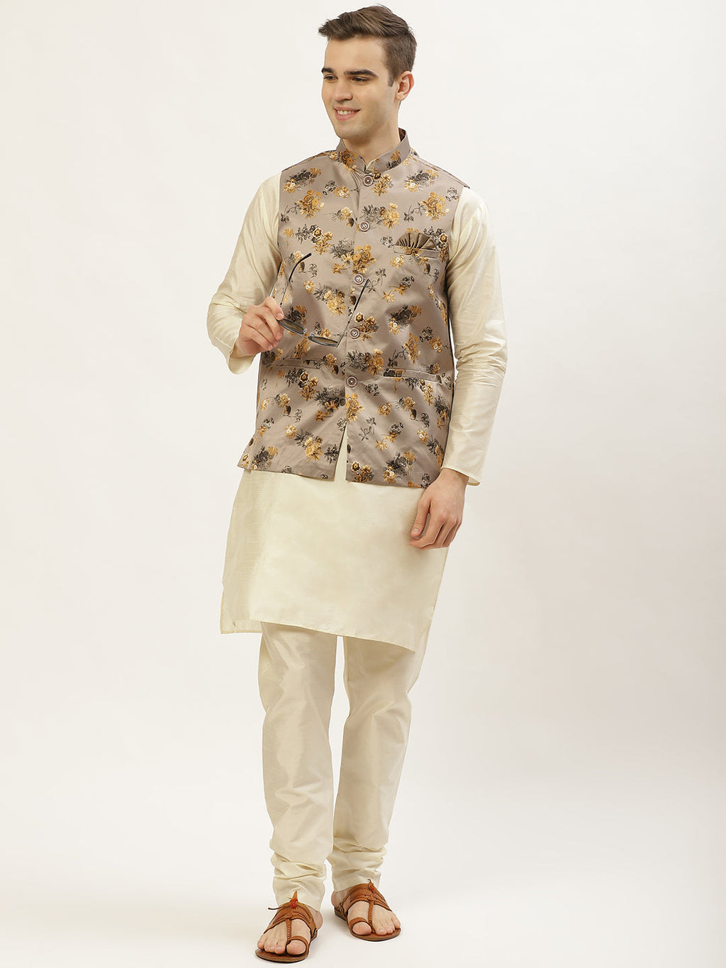 Jompers Men's Floral Printed Nehru Jacket and Kurta Pyjama Set - Grey